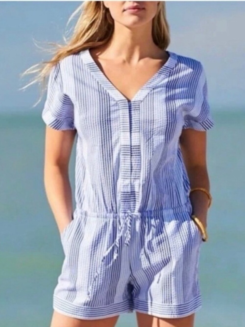 Vineyard Vines Blue and White Button Down Striped Romper